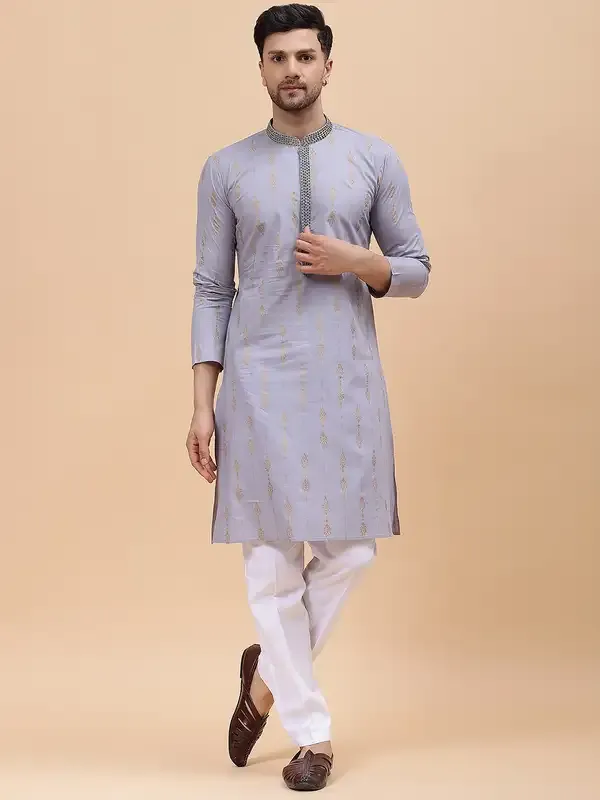 Men_Grey_&_Gold_Pure_Cotton_Embroidered_Staright_Kurta_With_Pajama
