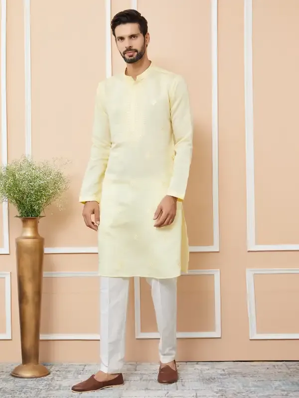 Yellow_Embroidered_Chanderi_Silk_Straight_Kurta_With_Pyjama