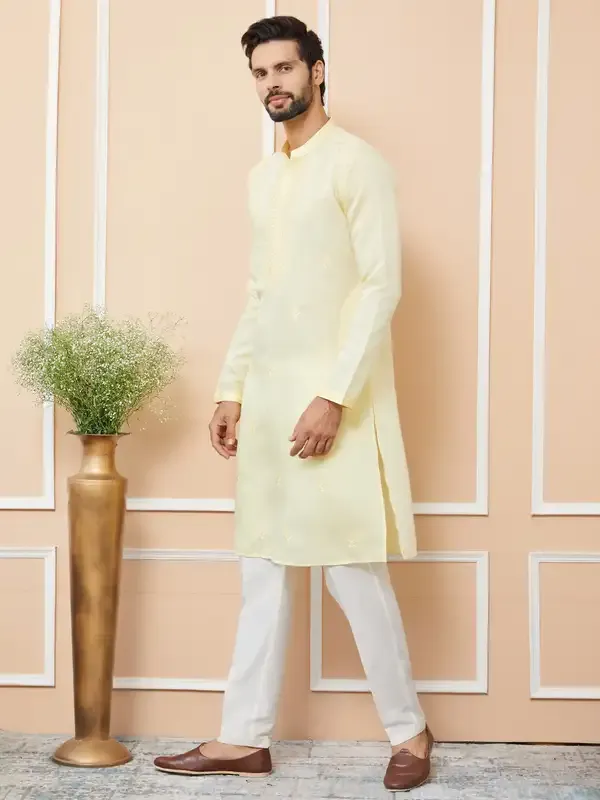 Yellow_Embroidered_Chanderi_Silk_Straight_Kurta_With_Pyjama