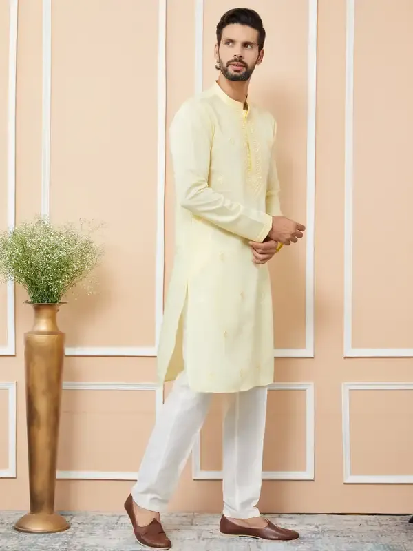 Yellow_Embroidered_Chanderi_Silk_Straight_Kurta_With_Pyjama