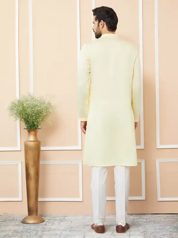 Yellow_Embroidered_Chanderi_Silk_Straight_Kurta_With_Pyjama