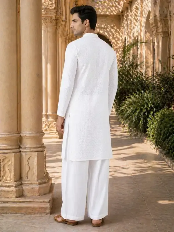 Men_White_Chikankari_Embroidered_Straight_Kurta_With_Pyjama