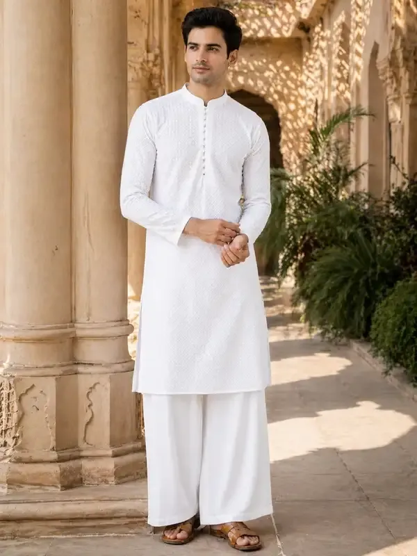 Men_White_Chikankari_Embroidered_Straight_Kurta_With_Pyjama