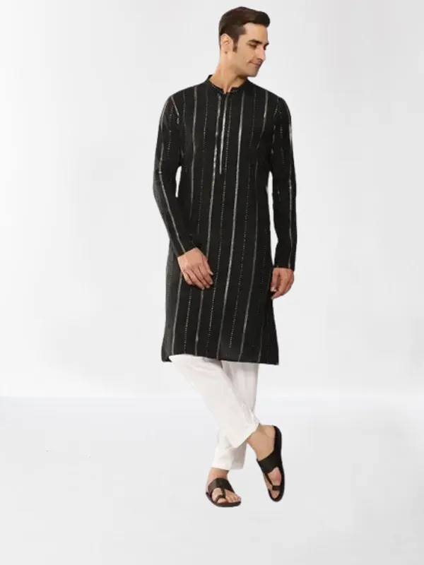 Men_Black_Sequins_Embroidered_Pure_Chanderi_Silk_Straight_Kurta_With_Pyjama