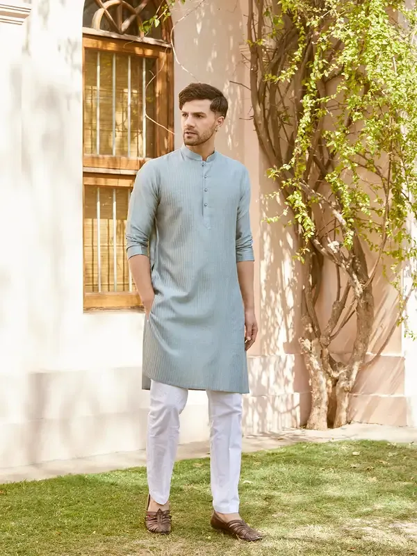 Men_Teal_Cotton_Silk_Pintex_Design_Thread_Work_Kurta_With_Pyjama