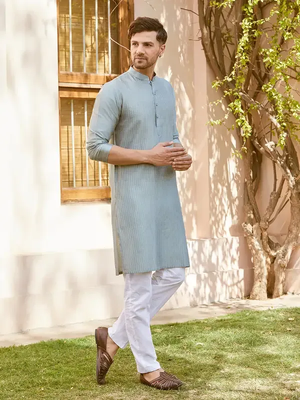 Men_Teal_Cotton_Silk_Pintex_Design_Thread_Work_Kurta_With_Pyjama