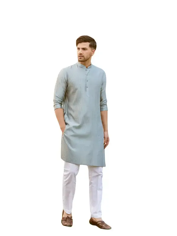 Men_Teal_Cotton_Silk_Pintex_Design_Thread_Work_Kurta_With_Pyjama
