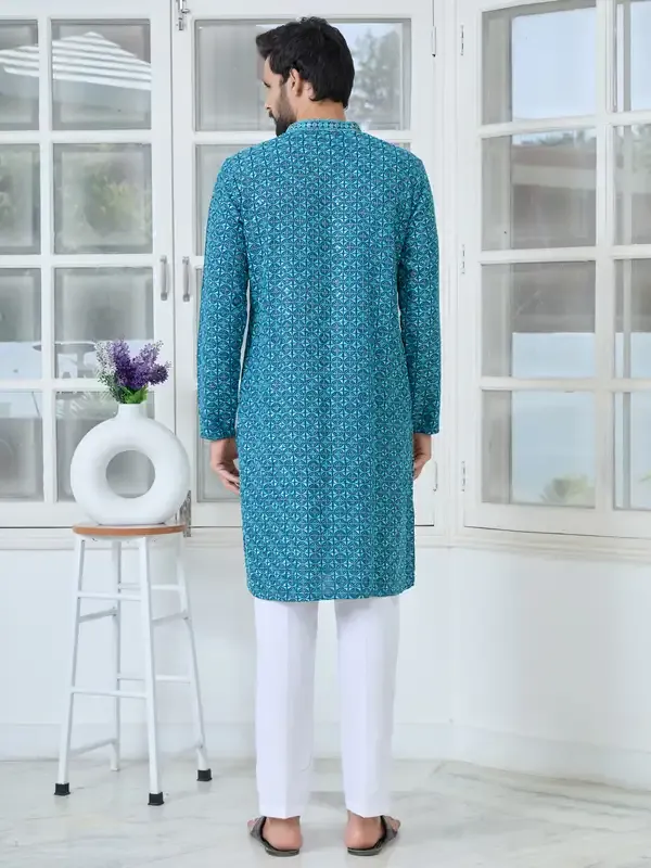 Men_Dark_Blue_Embroidered_Mandarin_Collar_Straight_Kurta_With_Pyjama
