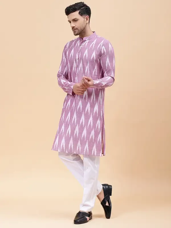 Men_Lavender_&_White_Pure_Cotton_Printed_Staright_Kurta_With_Pajama