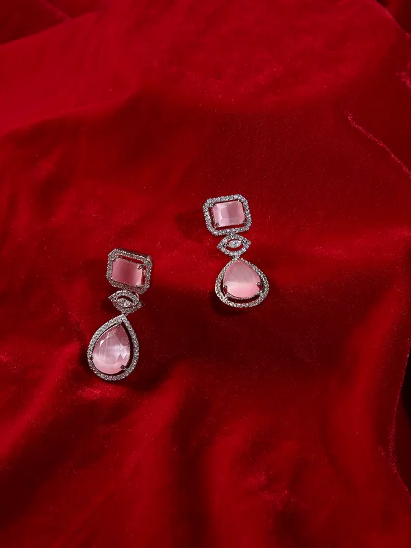 Double_Layered_American_Diamond_Pink_Glass_Moissanite_Necklace_Set_With_Earrings_–_Silver_Polished