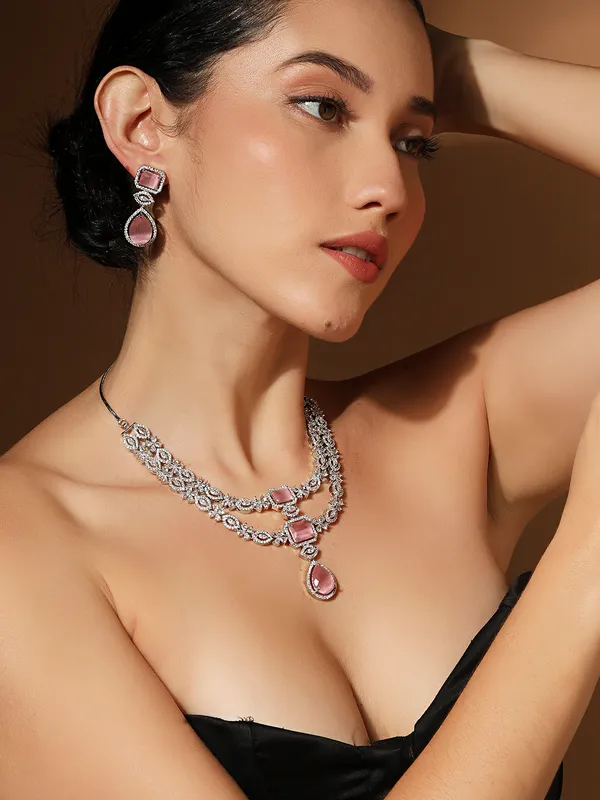 Double_Layered_American_Diamond_Pink_Glass_Moissanite_Necklace_Set_With_Earrings_–_Silver_Polished