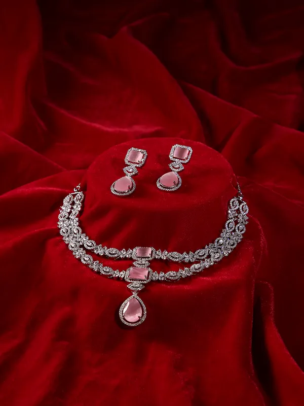 Double_Layered_American_Diamond_Pink_Glass_Moissanite_Necklace_Set_With_Earrings_–_Silver_Polished