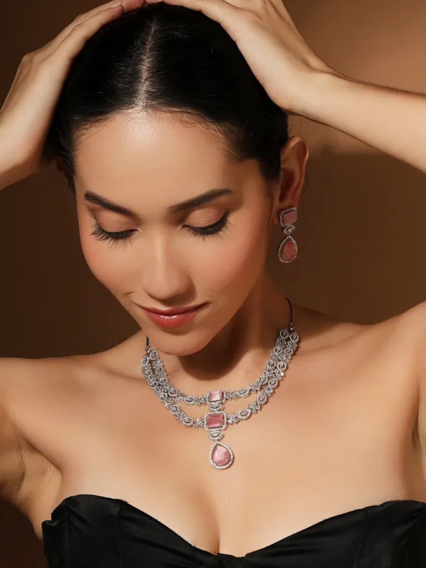 Double_Layered_American_Diamond_Pink_Glass_Moissanite_Necklace_Set_With_Earrings_–_Silver_Polished