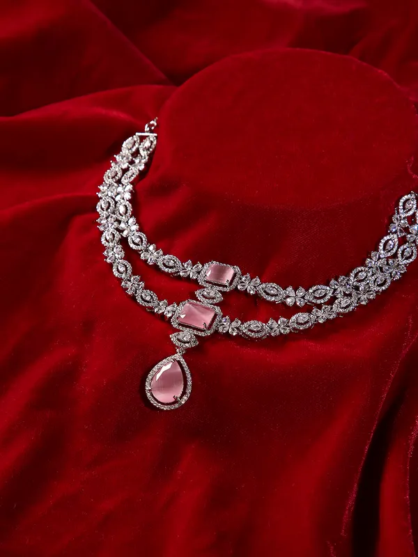 Double_Layered_American_Diamond_Pink_Glass_Moissanite_Necklace_Set_With_Earrings_–_Silver_Polished