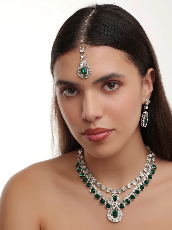 Double_Layered_Emerald_Green_Choker_Necklace_Set_With_Earrings_&_Maang_Tikka_–_Silver_Tone