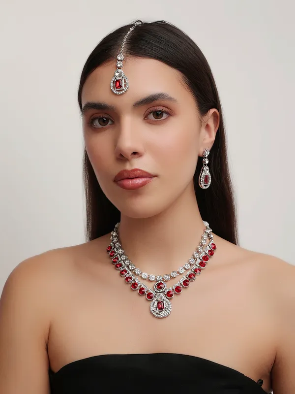 Double_Layered_Crystal_Red_Choker_Necklace_Set_With_Earrings_&_Maang_Tikka_–_Silver_Tone