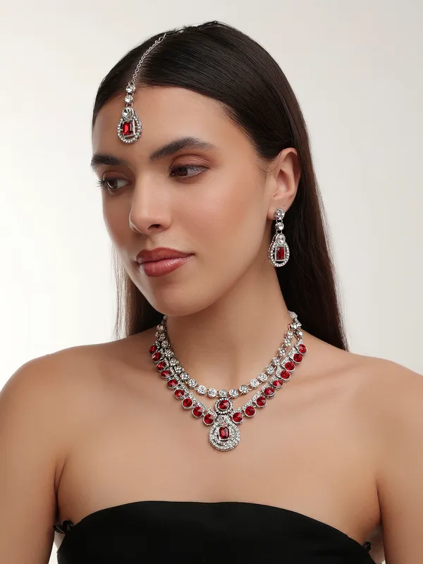 Double_Layered_Crystal_Red_Choker_Necklace_Set_With_Earrings_&_Maang_Tikka_–_Silver_Tone
