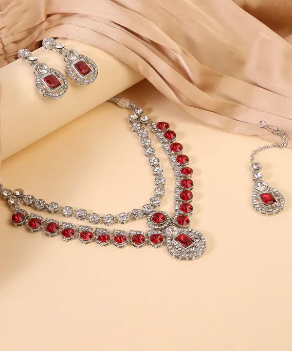 Double_Layered_Crystal_Red_Choker_Necklace_Set_With_Earrings_&_Maang_Tikka_–_Silver_Tone