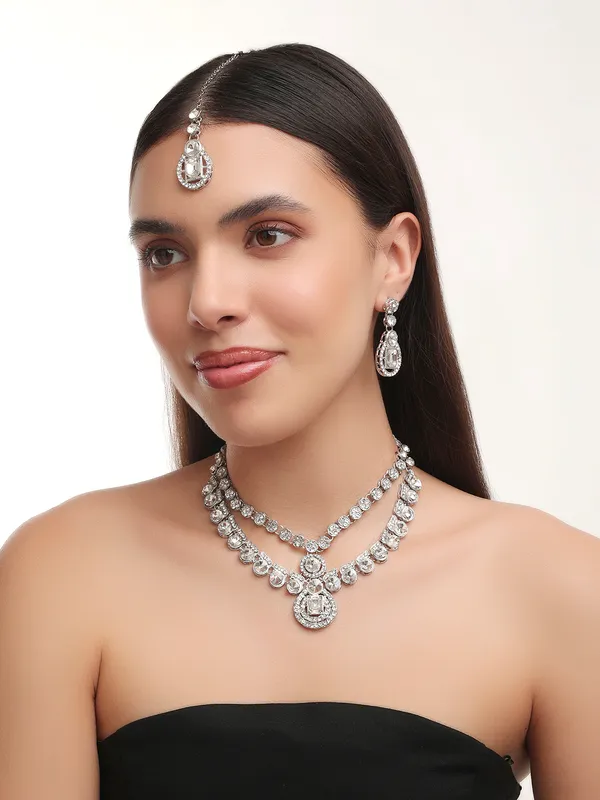 Double_Layered_White_Crystal_Choker_Necklace_Set_With_Earrings_&_Maang_Tikka_–_Silver_Tone