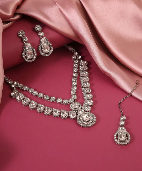 Double_Layered_White_Crystal_Choker_Necklace_Set_With_Earrings_&_Maang_Tikka_–_Silver_Tone