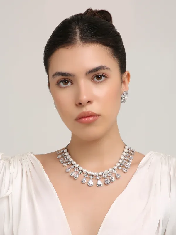 Elegant_Silver_American_Diamond_&_Pearl_Embedded_Necklace_Set_And_Earrings