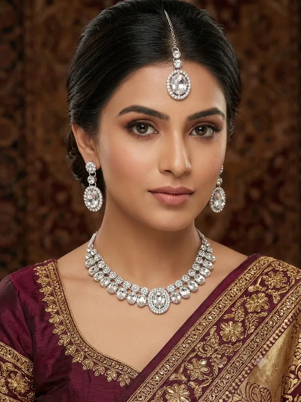 Luxurious_Silver-Plated_Crystal_Choker_Necklace_Set_with_Matching_Drop_Earrings_&_Maang-Tika