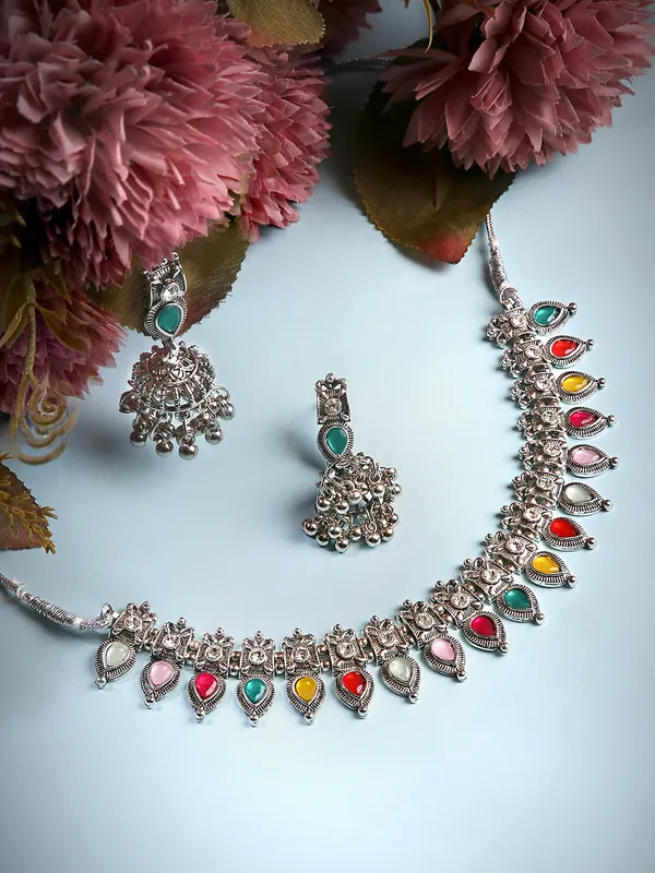 Oxidised_Silver_Multicolor_Choker_Necklace_Set_With_Jhumka_Earrings_For_Ethnic_&_Regular_Wear
