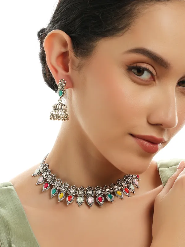Oxidised_Silver_Multicolor_Choker_Necklace_Set_With_Jhumka_Earrings_For_Ethnic_&_Regular_Wear