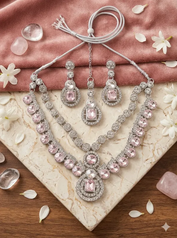 Premium_Silver_Polished_Double_Layered_Pink_Crystals_Embedded_Jewellery_Set