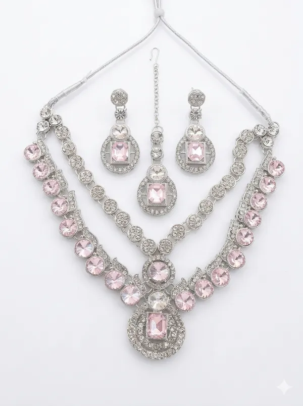 Premium_Silver_Polished_Double_Layered_Pink_Crystals_Embedded_Jewellery_Set