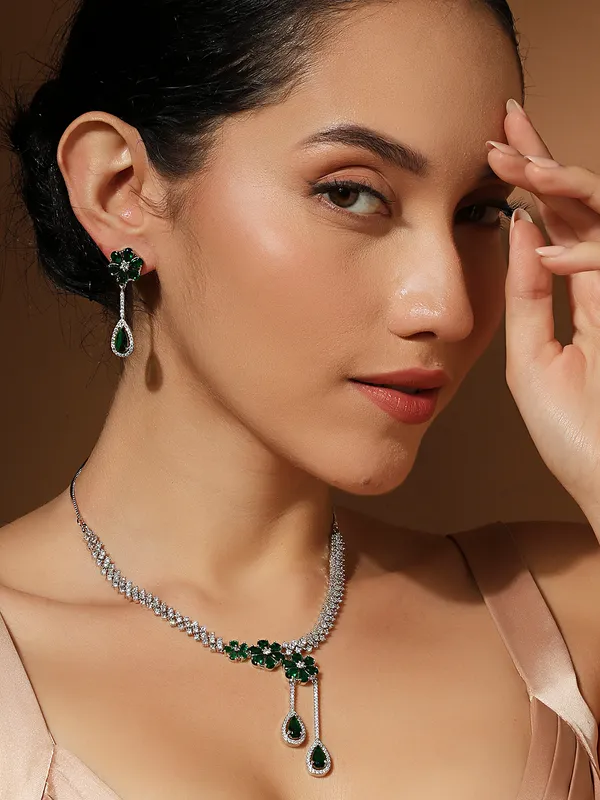 Silver_Green_Floral_Design_American_Diamond_Necklace_Set_With_Earrings