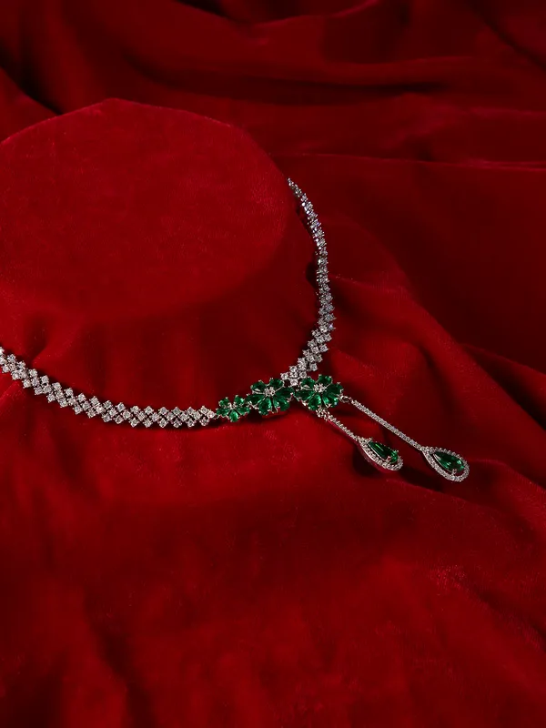Silver_Green_Floral_Design_American_Diamond_Necklace_Set_With_Earrings