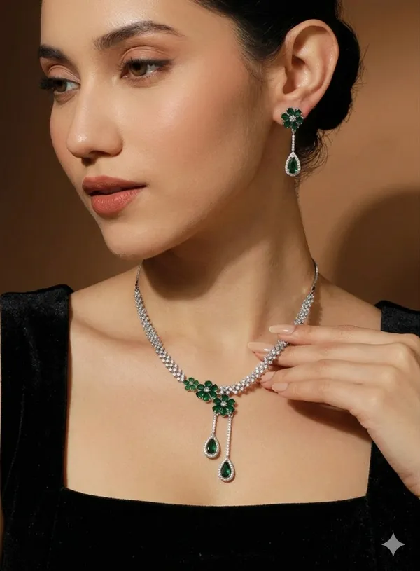Silver_Green_Floral_Design_American_Diamond_Necklace_Set_With_Earrings