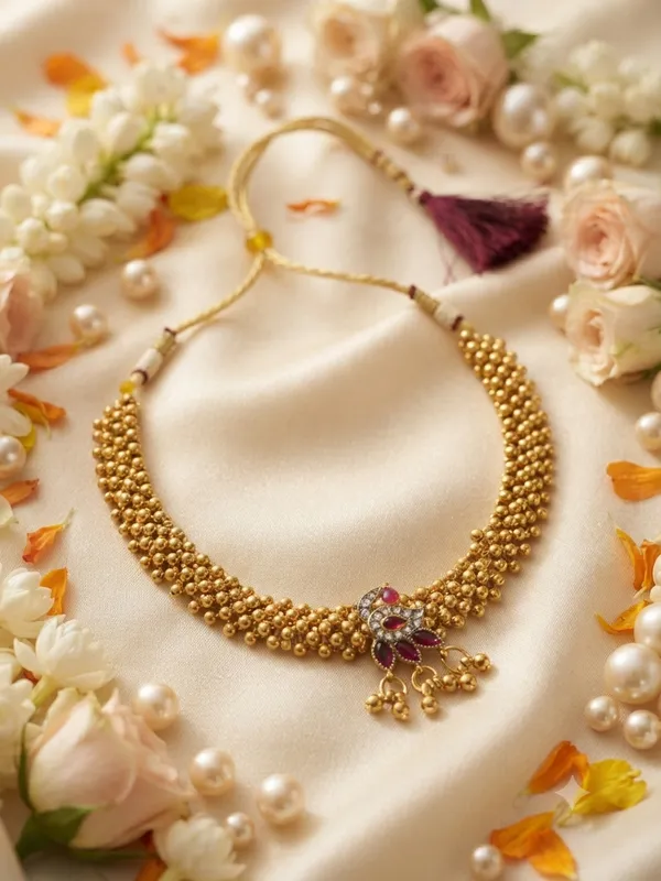 Traditional_Maharashtrian_Gold-Plated_Beaded_Choker_Necklace_with_Peacock_Pendant_|_Ethnic_Necklace_for_Women_|_Wedding_&_Festive_Jewellery