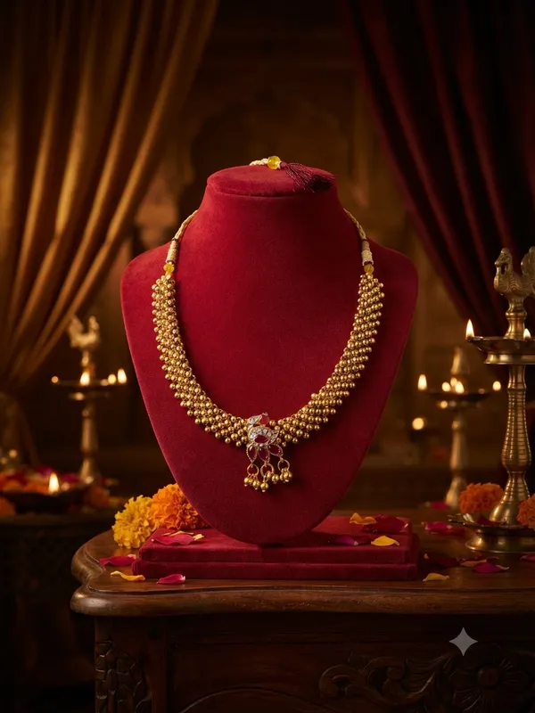 Traditional_Maharashtrian_Gold-Plated_Beaded_Choker_Necklace_with_Peacock_Pendant_|_Ethnic_Necklace_for_Women_|_Wedding_&_Festive_Jewellery