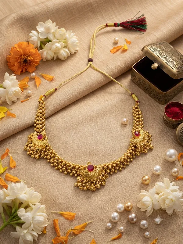 Traditional_Maharashtrian_Gold-Plated_Beaded_Choker_Necklace_with_Triple_PENDAL_CHAAND_Motif_|_Ethnic_Wedding_&_Festive_Jewellery_for_Women