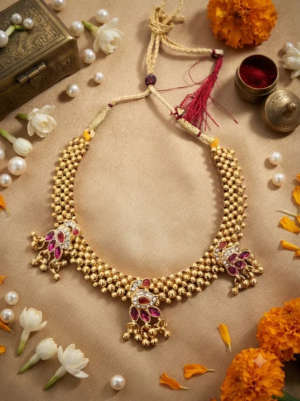 Traditional_Maharashtrian_Gold-Plated_Beaded_Choker_Necklace_with_Triple_Peacock_Motif_|_Ethnic_Wedding_&_Festive_Jewellery_for_Women