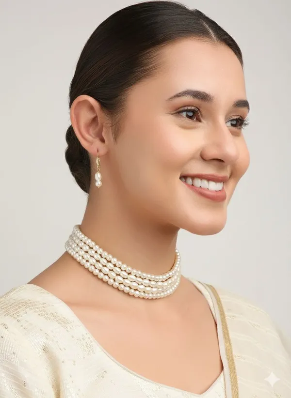 White_4_Layered_Pearl_Choker_Necklace_With_Matching_Drop_Earrings