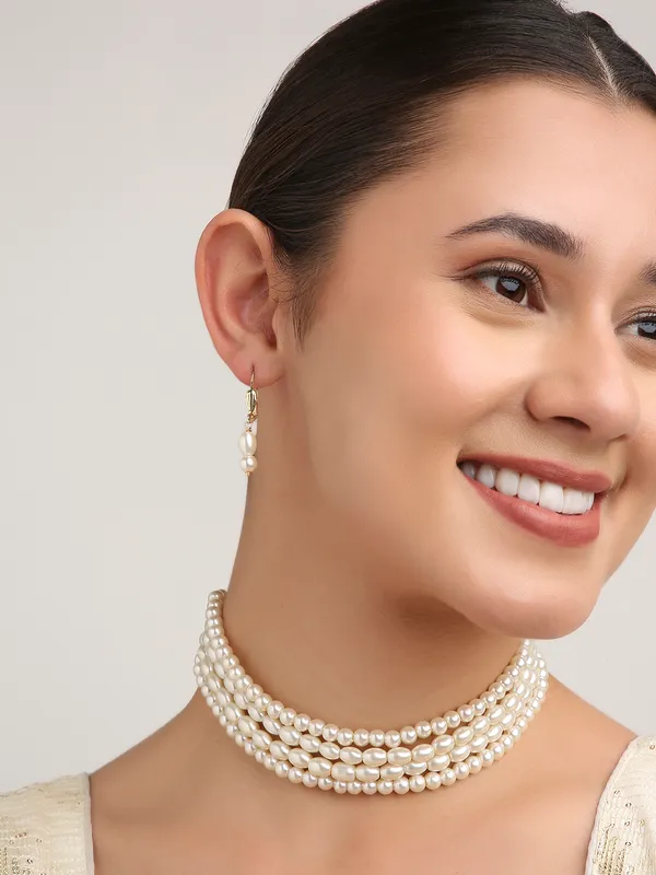 White_4_Layered_Pearl_Choker_Necklace_With_Matching_Drop_Earrings