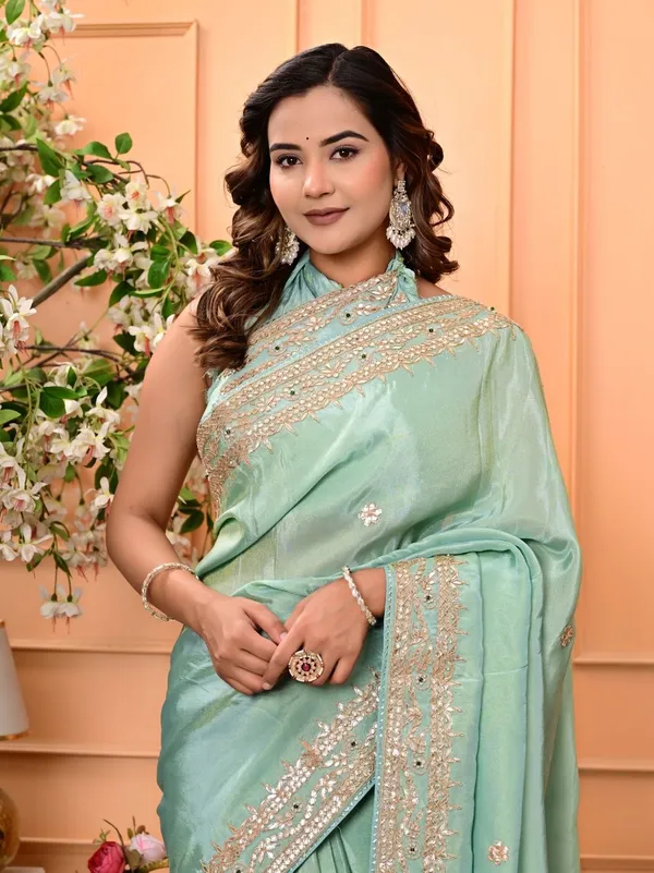 Cosmo_Tissue_Saree_With_Gota_Patti_Zardozi_Pearl_Handwork_Elegant_Designer_Wedding_Festive_Wear_Green