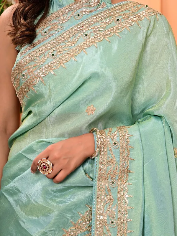 Cosmo_Tissue_Saree_With_Gota_Patti_Zardozi_Pearl_Handwork_Elegant_Designer_Wedding_Festive_Wear_Green