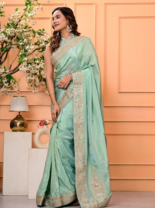 Cosmo_Tissue_Saree_With_Gota_Patti_Zardozi_Pearl_Handwork_Elegant_Designer_Wedding_Festive_Wear_Green