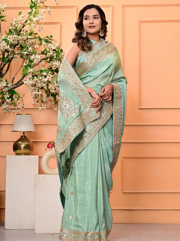 Cosmo_Tissue_Saree_With_Gota_Patti_Zardozi_Pearl_Handwork_Elegant_Designer_Wedding_Festive_Wear_Green