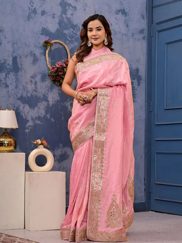Cosmo_Tissue_Saree_With_Gota_Patti_Zardozi_Pearl_Handwork_Elegant_Designer_Wedding_Festive_Wear_Pink