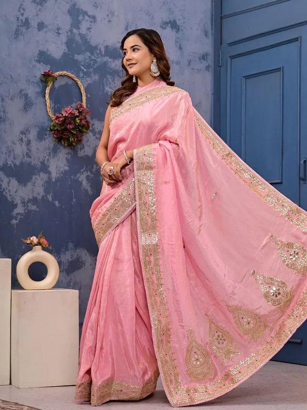 Cosmo_Tissue_Saree_With_Gota_Patti_Zardozi_Pearl_Handwork_Elegant_Designer_Wedding_Festive_Wear_Pink