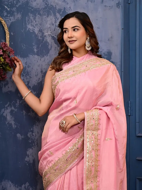 Cosmo_Tissue_Saree_With_Gota_Patti_Zardozi_Pearl_Handwork_Elegant_Designer_Wedding_Festive_Wear_Pink