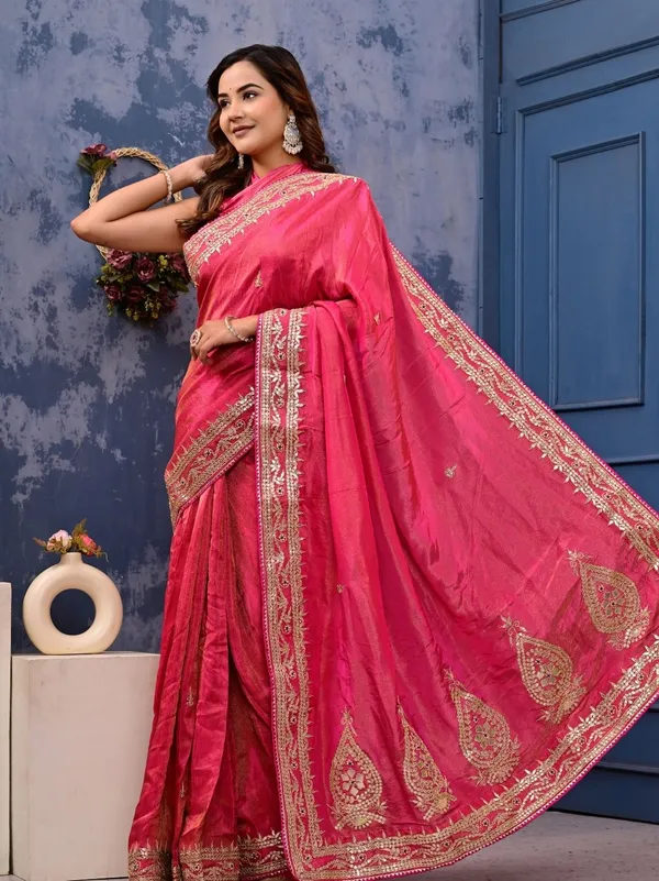 Cosmo_Tissue_Saree_With_Gota_Patti_Zardozi_Pearl_Handwork_Elegant_Designer_Wedding_Festive_Wear_Red