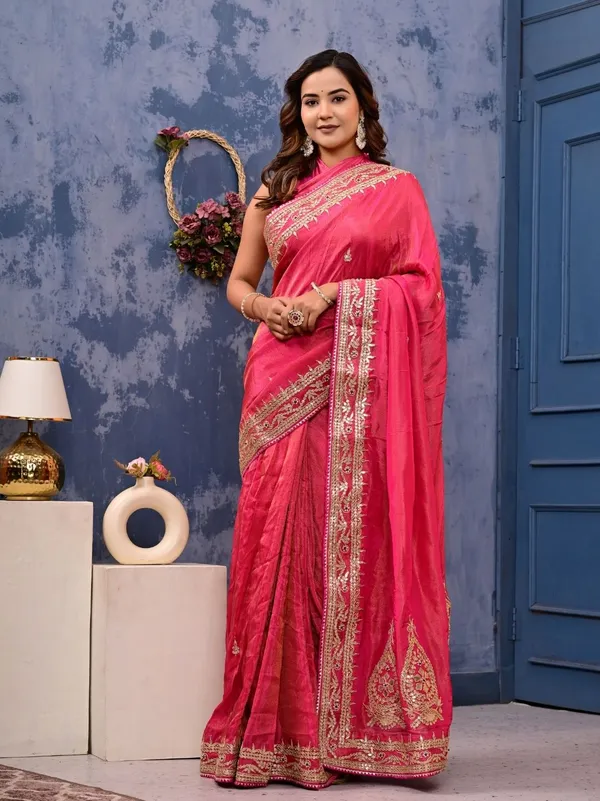 Cosmo_Tissue_Saree_With_Gota_Patti_Zardozi_Pearl_Handwork_Elegant_Designer_Wedding_Festive_Wear_Red