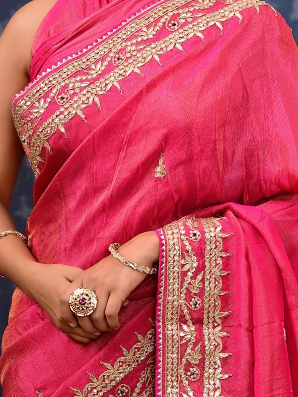 Cosmo_Tissue_Saree_With_Gota_Patti_Zardozi_Pearl_Handwork_Elegant_Designer_Wedding_Festive_Wear_Red