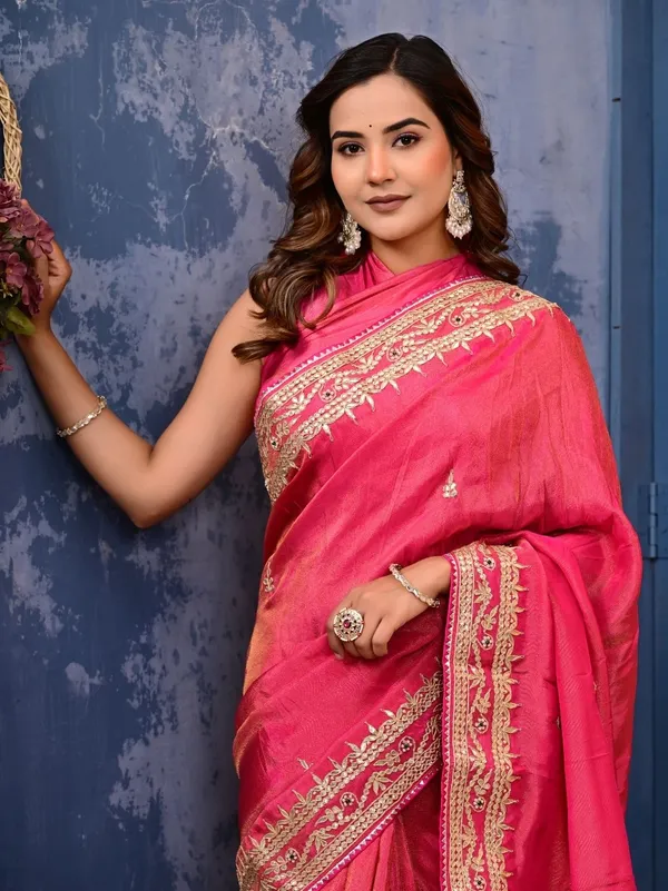 Cosmo_Tissue_Saree_With_Gota_Patti_Zardozi_Pearl_Handwork_Elegant_Designer_Wedding_Festive_Wear_Red